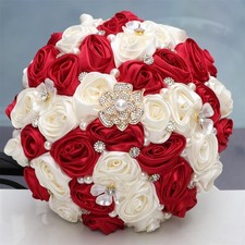 9.8" Ruby Red Ivory Bridal Wedding Bouquet Round Bling Brooch Bouquet Throw...