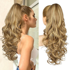 Ponytail Extension 24 Inch Long Curly Wavy Claw Clip On Medium Blonde Hairpiece