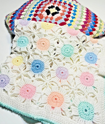Vintage Handgehäkelt Granny Square Decke Überwurf Kissen Set Pastell Boho Landhaus