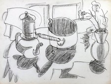 Herve CARRIER, Stillleben Tisch mit Karlsbader Kaffeekanne - Mischtechnik