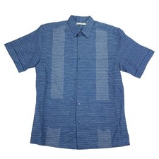 Cubavera Mens Guayabera Yarn-Dyed Striped Linen Cotton Button Down Shirt Blue S