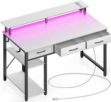 Computer Desk with Power Outlets & LED Light, 39 inch Home Office Desk with 3...