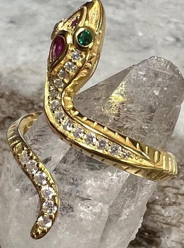 Genuine Ruby Diamond Emerald Coiled Snake Ring 14K Yellow Gold on solid 925 coil - Picture 4 of 16