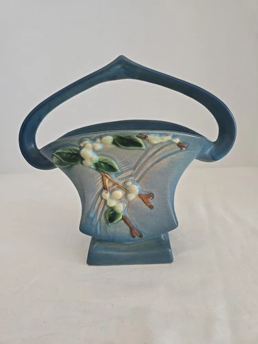 Vintage Roseville USA BLUE Snowberry Handled Basket Vase, Planter 1BK-7
