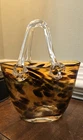 Vintage Murano Blown Glass Amber Purse or Basket with Clear Handles 7"