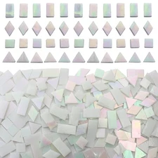 Iridescent White Glass Mosaic Tiles for Crafts, 280 Pcs Mixed 4 Shapes Stained G