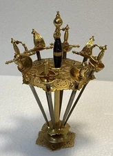 Toledo MCM Cocktail Sword Set, 6 Brass Mid Century Barware Skewers W/Stand