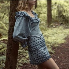 DOEN Blue Gingham Embroidered Ruffle Mini Dress Organic Cotton M