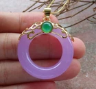 Yellow Gold Plate Green Lavender JADE Pendant Circle Donut Necklace 平安扣 397654