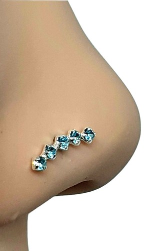 Naso Stud 5 x Aqua CZ Stones 22 g (0,6 mm) argento sterling 925 barra curva e... - Foto 4 di 9