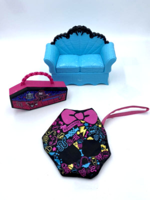 Monster High Doll Accessory Bundle Blue Black Sofa Wristlet Coffin Case