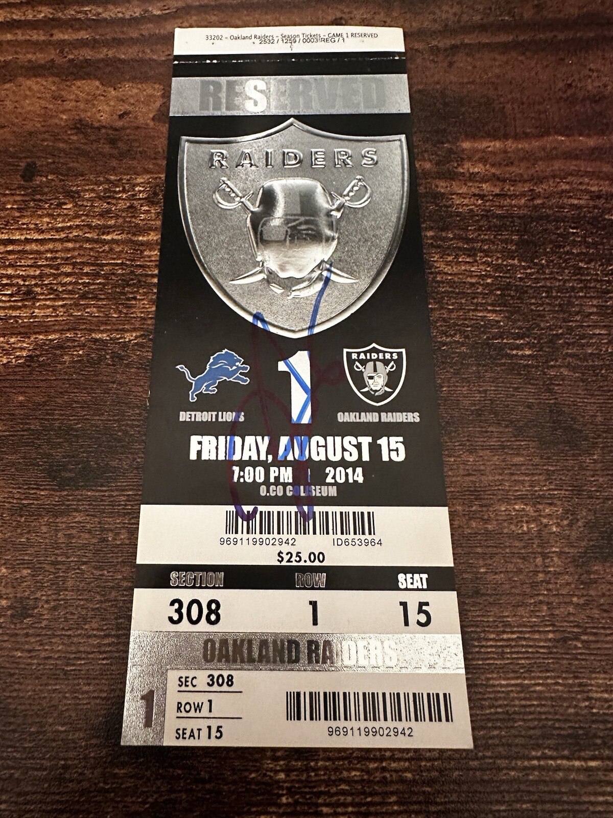 Derek Carr Autographed Signed Oakland Raiders 08/15/2014 TICKET Rookie Debut PSA 