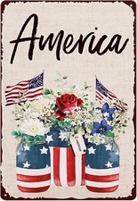 Whaline Patriotic American Flag Vase Tin Metal Signs Home D cor 8x12