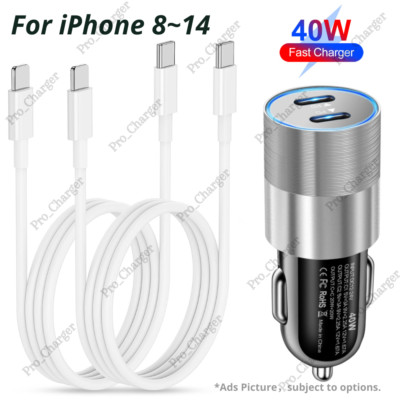 Dual USB C 40W Fast Car Charger Adapter Type C Cable For iPhone 14 13 12 11 XR 8