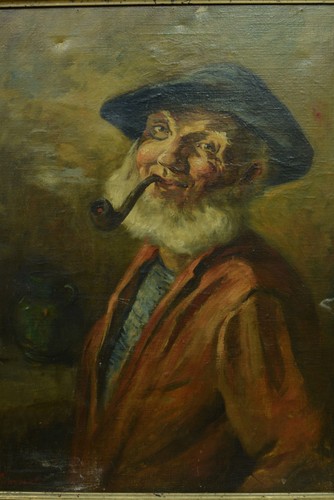 Tableau ancien Portait homme a LA PIPE BISTROT FUMEUR Tabacologie LAMBERT hst 19 - Photo 3/10