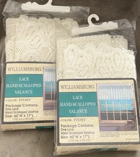 Vtg Lot of 2 Williamsburg Ivory Hand Scalloped Lace Valance  60" x 17" ~ New