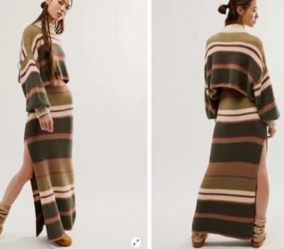 Free People Women's SOFIE High Rise Maxi Skirt Fuzzy Striped Side Slit Sz Small