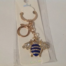 Bumble Bee Blue Clear Rhinestone Bling Keychain Crystal Handbag Purse Charm