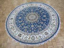 6 x 6 Round Hand Knotted Blue Fine Nain With Silk Oriental Rug G14055