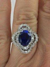 Gorgeous Lab Created Blue Sapphire Oval Clear CZ 925 Silver Ring Size 7