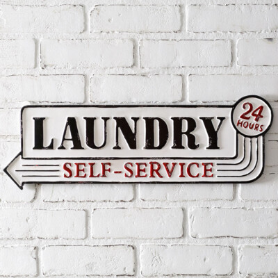 Laundry Self Service 24 Hours Embossed Metal Sign 22'' W x 7.25'' H
