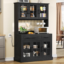 71'' Black Kitchen Pantry Cabinet with Microwave Stand Power Outlet