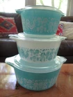 Vintage Pyrex Amish Butterprint Turquoise Casserole Dishes w Lids 6pc Set Nice!