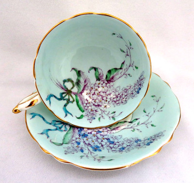 Paragon England Tea Cup and Saucer ~ Double Warrant  Aqua Blue & LILACS Floral