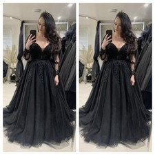 Black Gothic Wedding Dresses Long Sleeves V Neck A Line Bridal Gowns Plus Size