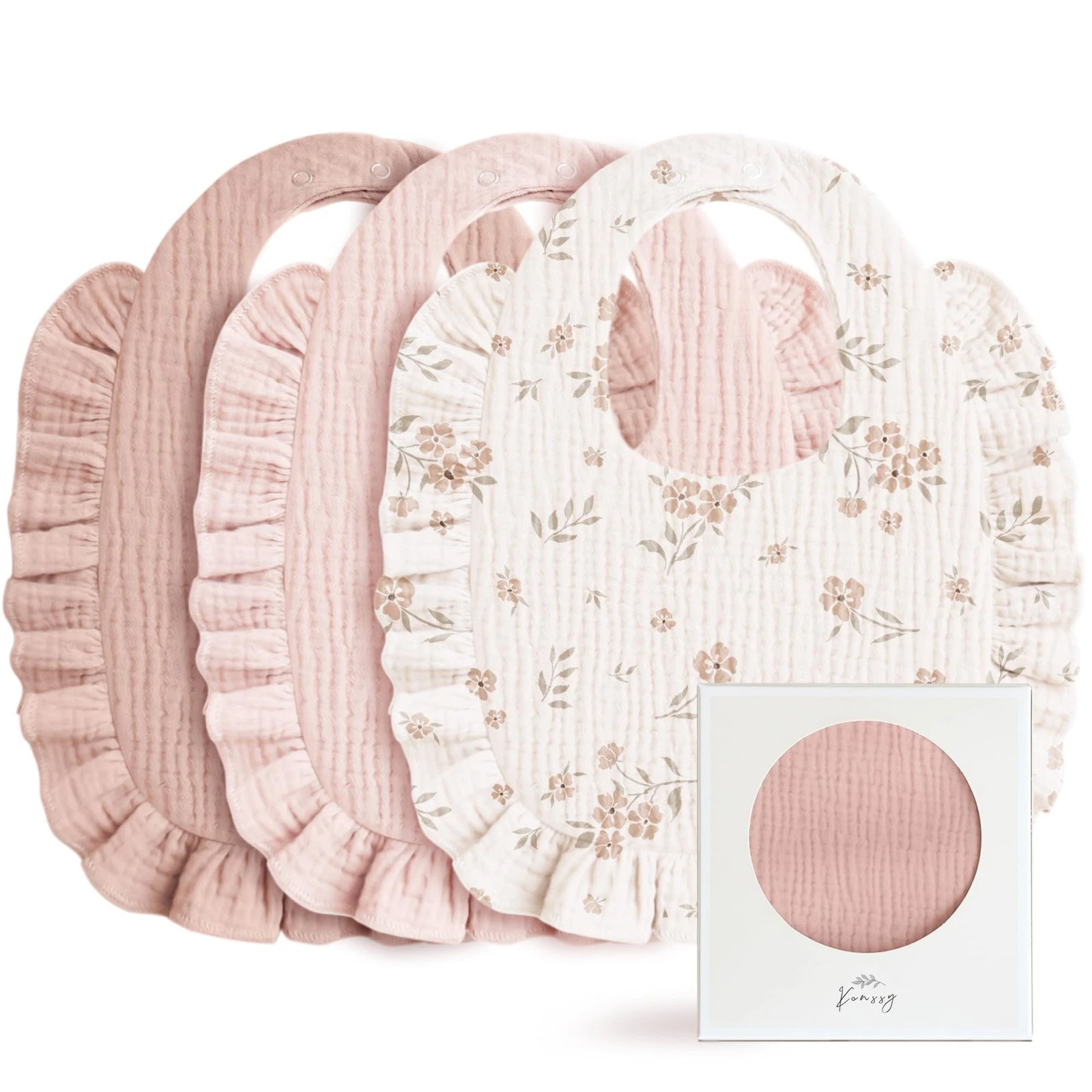 Konssy Muslin Baby Bibs for Girls – Soft 100% Cotton Drool Bibs, Ruffle Trim for