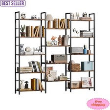 NEW Industrial Triple Bookshelf 5 Tier Large 14 Shelf Etagere Brown Storage