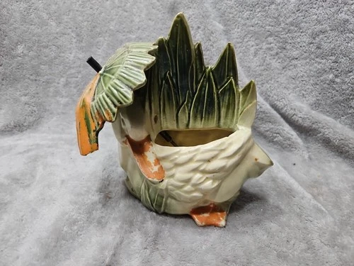 Vintage McCoy Pottery Yellow Duck With Umbrella Planter Orange Green Swan Goose