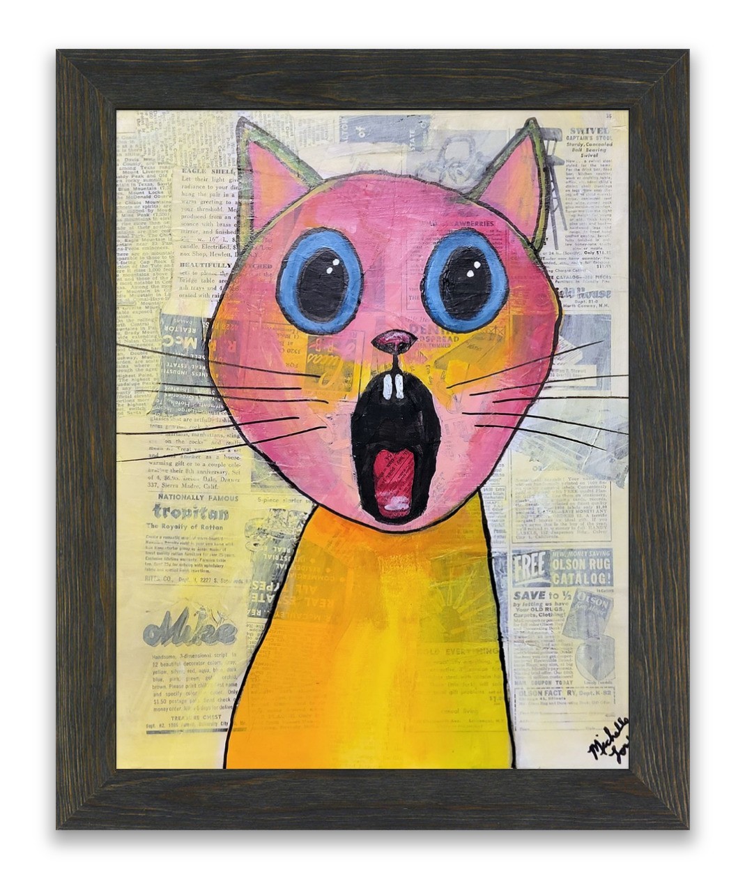 Original Screaming Cat Painting Signed Michelle Lord — Acrylic on Vintage paper