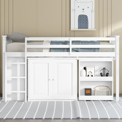 Twin Loft Bed with Storage Cabinet, Drawer and Shelf Cabinet and Pulling-Out D