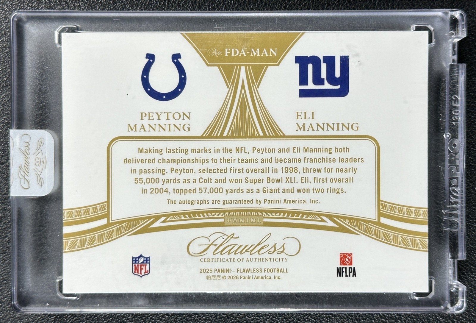 PEYTON MANNING & ELI MANNING 2025 PANINI FLAWLESS DUAL ON CARD AUTO RUBY 4/15 view 2