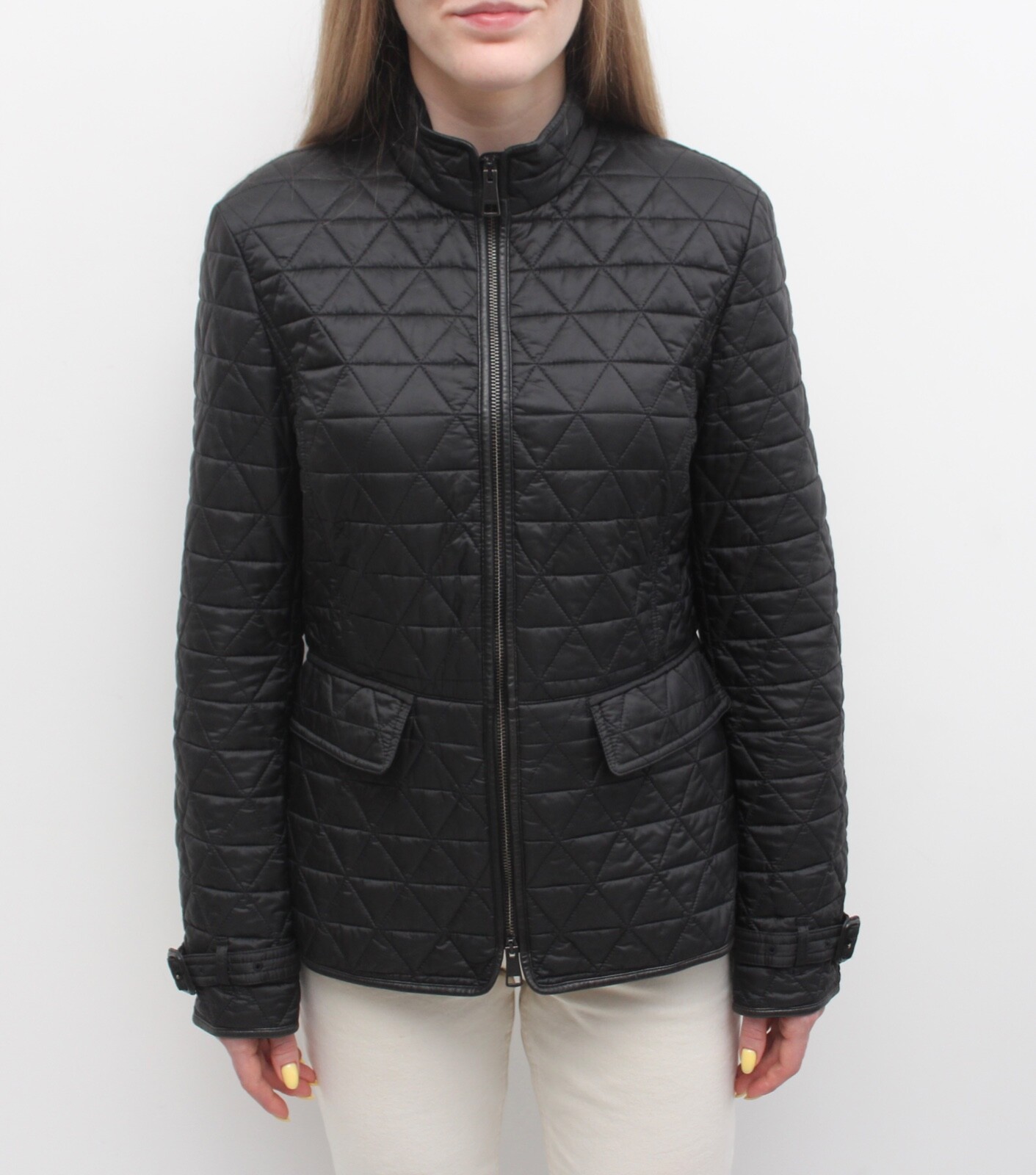 Women's BURBERRY BRIT Quilted Black Jacket Blazer Leather Trim RARE Size M