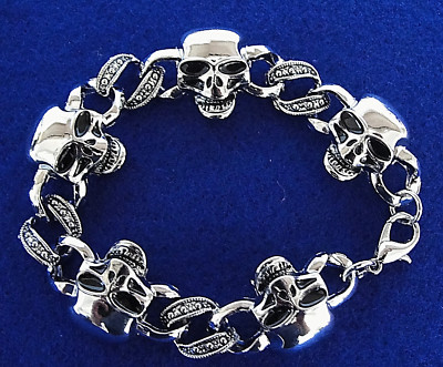 Biker SKULLS Punk Goth Dia de Muertos Chrome Color Metal Chain Link BRACELET