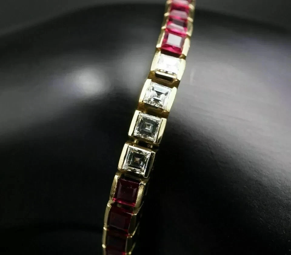 12 CT Princess Cut Ruby & Diamond Lab-Created Tennis Bracelet 14K Yellow Gold FN - Image 3 of 4