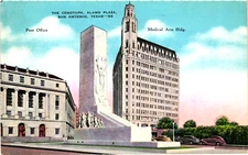 San Antonio TX Postcard The Cenotaph Alamo Plaza Post Office Medical Arts Bldg