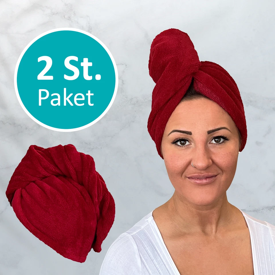 2x Haarturban Mikrofaser Baumwolle Mix mit Knopf Rot Kopfhandtuch TWIN STAR - Bild 1 von 1