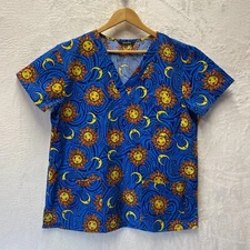 Just Love Celestial Medical Scrub Top Women Large Blue Gold Sun Moons Heavenly