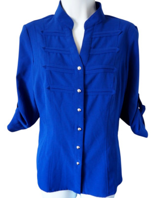Kathy Che Royal Blue Blouse With Roll Tab Sleeve & Decorative Bondice  Size S