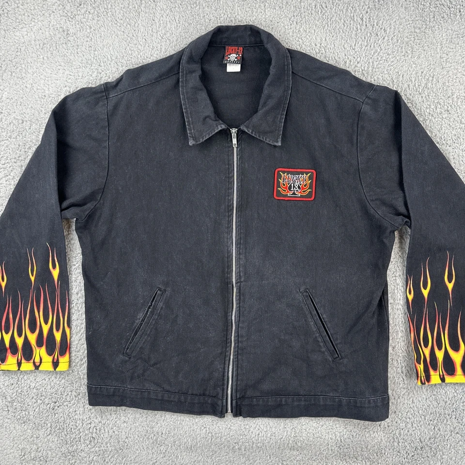 Chaqueta de Colección Lucky 13 Ropa Para Hombres L Y2K Hecha en EE. UU. Negra con Cremallera Estampado de Llama Foto 3 de 4