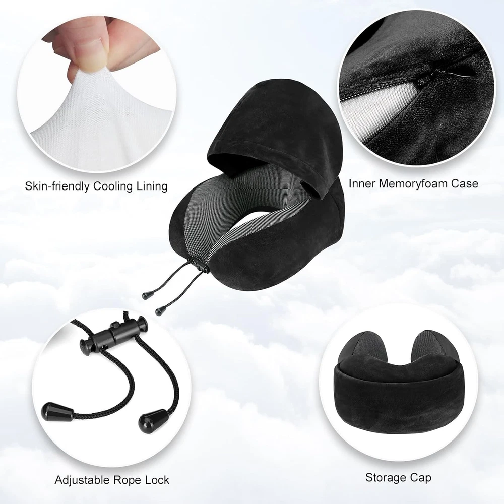 Neck Pillow for Travel with Hood - Medium Size in Black for Airplane Comfort Neck Pillow for Travel with Hood - Medium Size in Black for Airplane Comfort