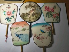 Vintage Asian Silk Paddle Fans Hand Painted Lot Of 5 Bamboo Handle Center Piece