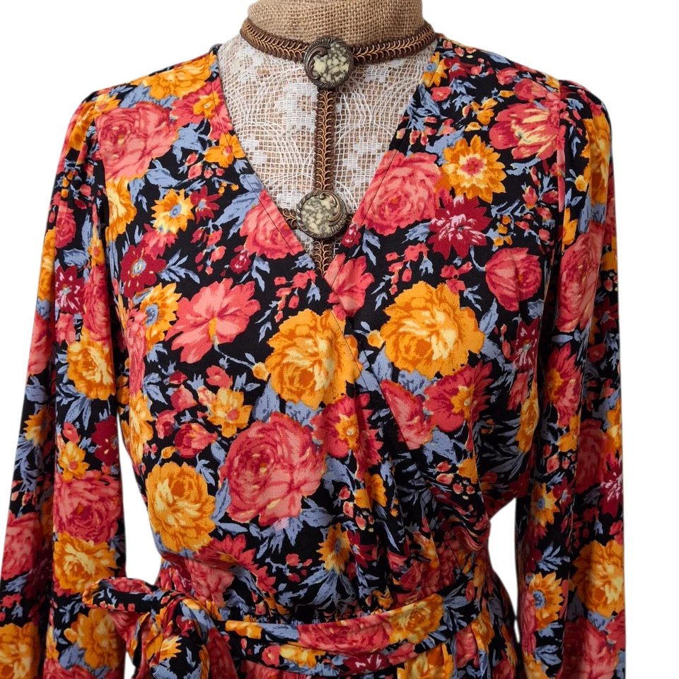 Vestido LC Lauren Conrad Azul Marino Naranja Floral Globo Manga Cinturón M Foto 3 de 4