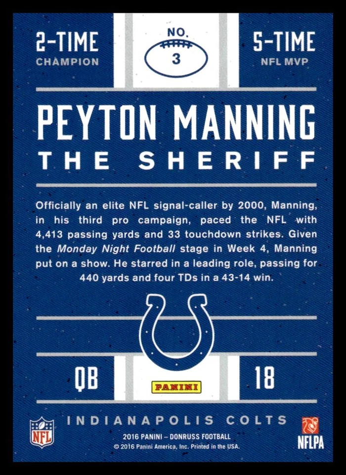 2016 Donruss Peyton Manning The Sheriff Tribute #3 Peyton Manning Colts - Image 2 of 2