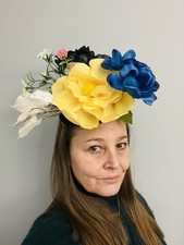 Hat Fascinator Derby/Wedding Handmade Big Yellow Flower With Blue Flowers Leaves
