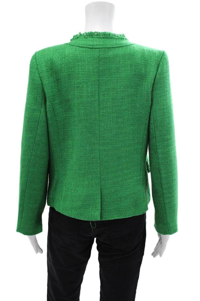 Central Park West Womens Fringe Trim Detail Woven Evening Jacket Green Size M - Image 3 of 4