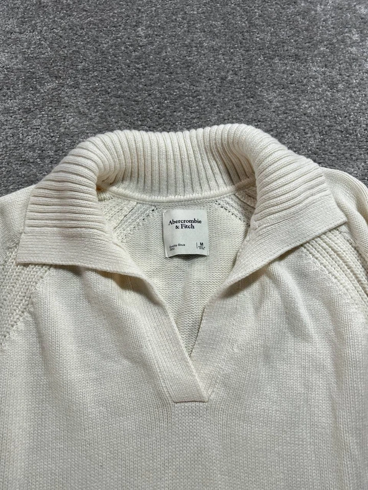 Suéter Abercrombie & Fitch Mujer Medio Beige Algodón Tejido Acanalado Muesca Cuello Foto 3 de 4